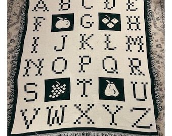 Vintage Cottagecore Alphabet Tapestry Blanket Fruit Design Cozy Throw