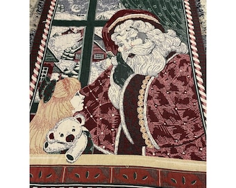 VTG 1996 Goodwin Weavers Tapestry Throw Lap Blanket Christmas Santa Little Girl