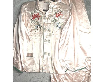 VTG Sun Bros & Company Japan Bestickter Satin Lounge Pyjama Set Plus Größe