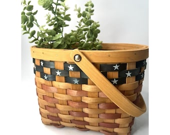 Patriotic American Flag Woven Basket Oval Handle Basket Red White Blue Stars Americana USA Decor Fourth of July