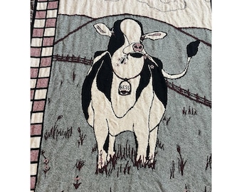 Manta de tapiz tejida estilo granja vintage con estampado de vacas y corazones, estilo cottagecore. Bendiciones.
