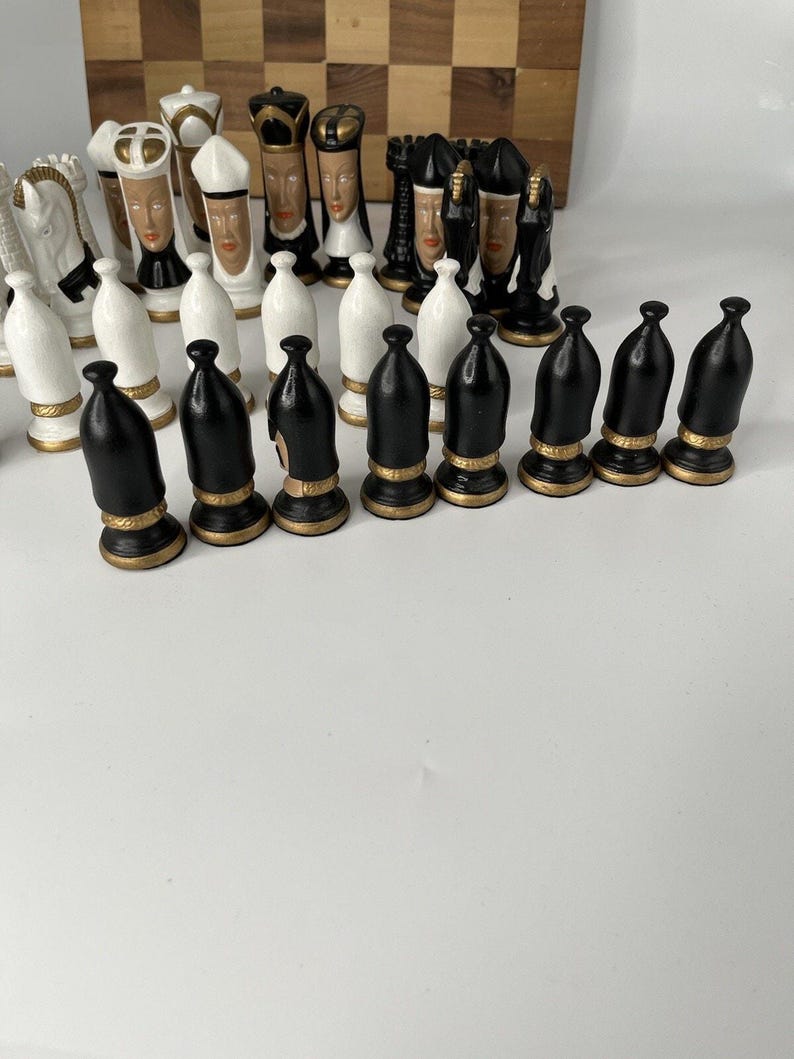 Vintage Ceramic Duncan Mold Chess Pieces Hand Painted Complete Set ...