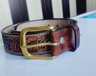 Hand Tooled Leather Cowboy Belt – Floral Carved Western Style