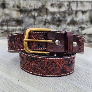 Western Leather Belt Hand Tooled – Floral Carved Full Grain  display picture 1