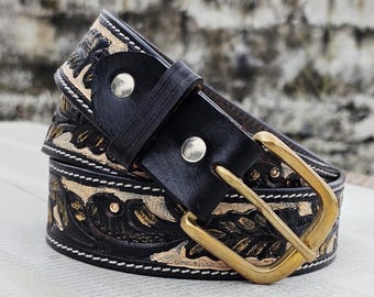 Western Tooled Leather Belt with Decorative Agate Buckle Vintage Cowboy Belt - Agate Belt Buckle - Love! - Hand  main image 3