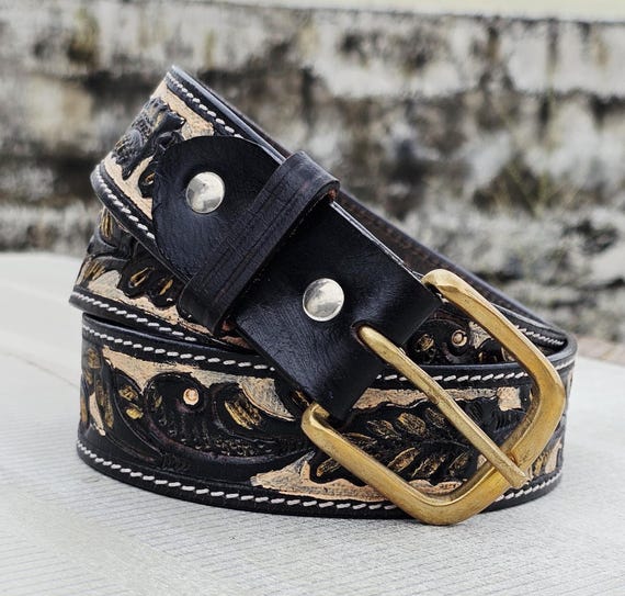 Hand Tooled Black Leather Cowboy Belt: Floral Carved Western  display picture 1