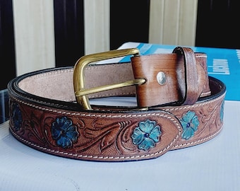 Hand Tooled Full Grain Leather Western Belt: Turquoise Floral Carved Design