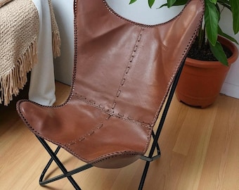 Handmade Full-Grain Leather Butterfly Chair: Vintage Brown Accent Chair