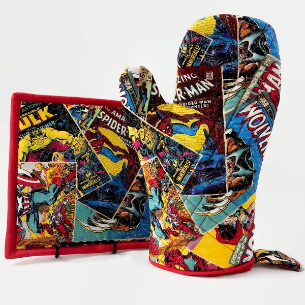 Marvel Rojo Vintage Cómic Cubierta Horno Mitt y Pot Holder Set