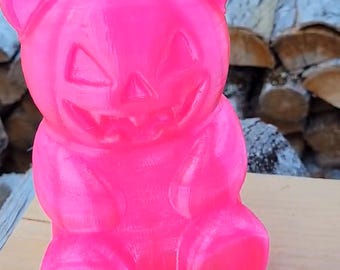 Giant 8 Inch Squishy Gummy Bear, Jack-o-Lantern Face, Dopamine Decor, Soft Squeezable Halloween Statement Piece, Hot Pink