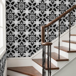 Black and White Retro Groovy Botanical Dahlias Peel and Stick Wallpaper Rolls | Flowers Boho Farmhouse Pre-Pasted Non-Toxic Renter Friendly