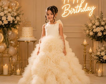 Girls Pageant Dress, High-Neck Halter, Feather Sleeves, Tiered Tulle Gown