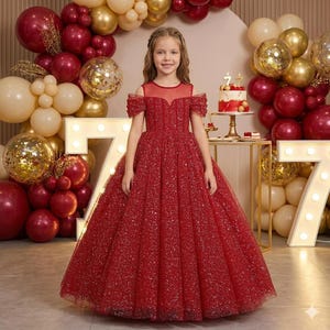 Rode baljurk glitter, verjaardagsjurk prinses, tule bloemenmeisjesjurk, aangepast formaat