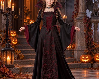Girls Gothic Vampire Costume Dress: Long Tutu, Puff Sleeves, Cat-Inspired Halloween Outfit