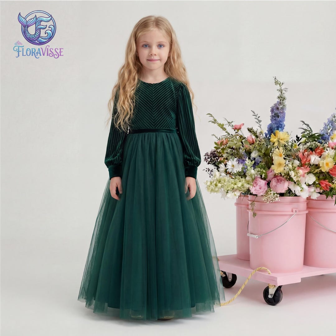 Emerald Green Velvet Flower Girl Dress | Long Sleeve Tulle Princess ...