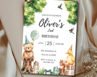Woodland Animals Birthday Invitation | Watercolor Forest Animals, Editable (Digital Download)