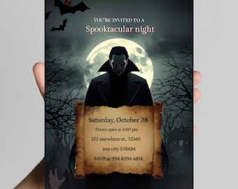 May include: A Halloween-themed invitation with a vampire illustration against a full moon backdrop. The invitation includes the text "YOU'RE INVITED TO A Spooktacular night" and event details: date, time, address, and RSVP information.