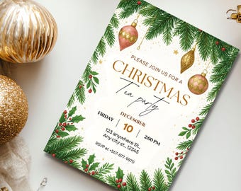 Christmas Tea Party Invite Template | Editable & Printable Holiday Card for Winter Celebrations