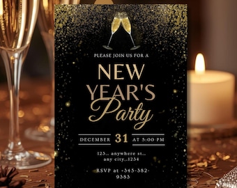 May include: Black New Year's Party invitation with gold glitter accents. Features champagne glasses, the text "New Year's Party", date, time, and RSVP information. A candle and champagne flutes are in the background.