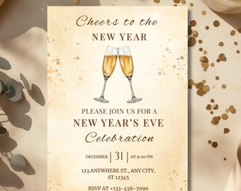 Gold Champagne New Year Invitation Template – Elegant & Editable Printable Card for NYE Celebration