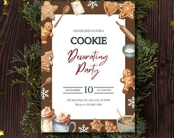May include: A festive invitation for a cookie decorating party. The design features gingerbread cookies, snowflakes, and mugs of hot chocolate. The text reads "Cookie Decorating Party" with the date December 10th at 3:00 PM.