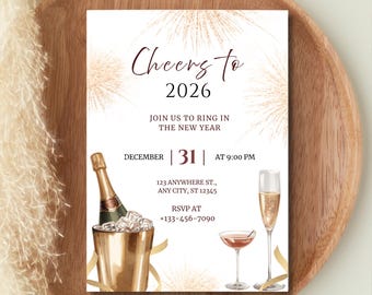 Könnte beinhalten: Eine Neujahrseinladung mit dem Text "Cheers to 2026". Das Design umfasst eine Champagnerflasche in einem Eiskübel, Champagnergläser und Feuerwerksillustrationen. Die Einladung befindet sich auf weißem Hintergrund.