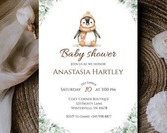 Printable Winter Baby Shower Invitation, Penguin Invite, Snowy Arctic Theme, Editable, Instant Download