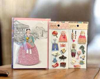 Korean Hanbok Stationery Set, Hanbok Stickers and Card with envelope