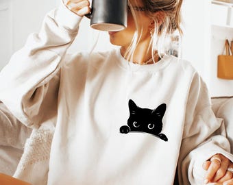 Peeking Black Cat Sweatshirt and Shirt, Minimal Cute Cat Pocket Design, Funny Cat Lover Gift, Aesthetic Cat Mom Unisex Top