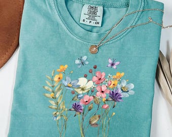 Chemise fleurs sauvages, T-shirt fleurs couleurs confort, chemise fleurs aquarelle, haut fleuri bohème printanier, chemise nature à manches longues