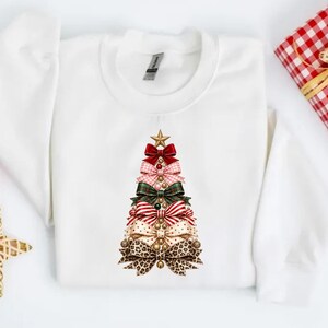 Coquette Christmas Sweatshirt, Bow Christmas Tree Shirt, Pink Holiday Sweatshirt, Leopard Bow Xmas Shirt, Girly Christmas Gift