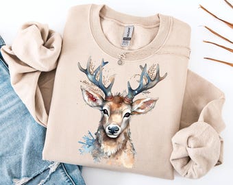 Aquarell Hirsch Shirt, Waldland Hirsch Sweatshirt, süßes Winter Hirsch Top, Natur Tier Shirt, gemütliches Waldästhetik T-Shirt