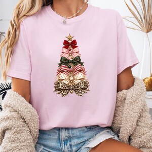 Coquette Christmas Sweatshirt, Bow Christmas Tree Shirt, Pink Holiday Sweatshirt, Leopard Bow Xmas Shirt, Girly Christmas Gift