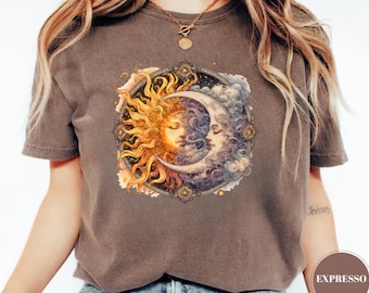 Shirt aquarel zon en maan, T-shirt hemels boho, mystieke astrologie T-shirt, spirituele zon maan top, shirt comfort kleuren