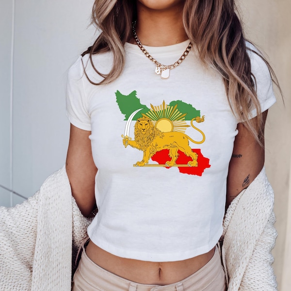 Persian Lion Baby Tee, Iran Flag Crop Top, Cute Y2K Baby Tee, Aesthetic Fitted Tee, Trendy Graphic Shirt