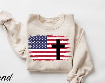American Flag Cross Sweatshirt | Christian USA Hoodie | Faith and Freedom Pullover | Patriotic Religious Apparel for Men & Women
