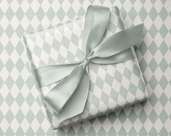 Green Harlequin Wrapping Paper, Sage Checkered Luxury Gift Wrap