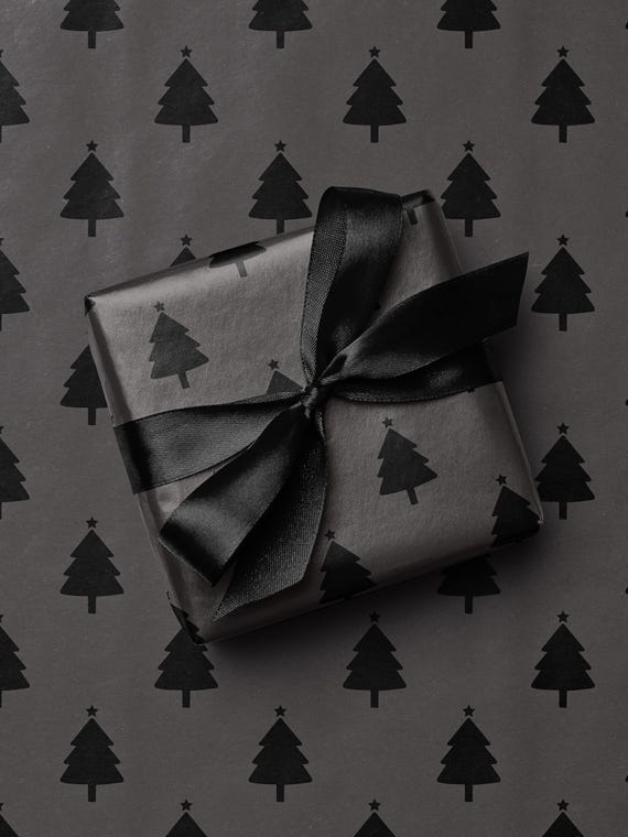 Black Christmas Tree Wrapping Paper, Luxury Moody Monochromatic Gift Wrap