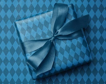 Teal Blue Harlequin Wrapping Paper, Monochromatic Checkered Gift Wrap