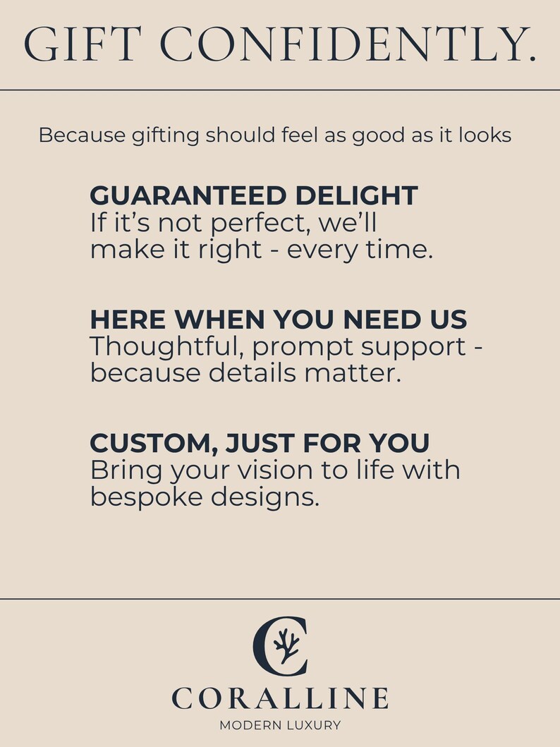 Pu&ograve; includere: Grafica color crema con la scritta "GIFT CONFIDENTLY." e testo aggiuntivo che promuove la soddisfazione garantita, il supporto rapido e i design personalizzati. Il logo Coralline &egrave; in basso.