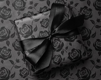 Black Rose Wrapping Paper, Vintage Floral Gift Wrap, Monochrome Luxury Roll