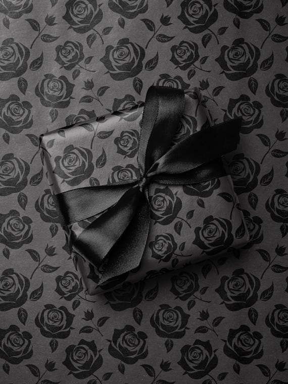 Black Rose Wrapping Paper, Vintage Floral Gift Wrap, Monochrome Luxury Roll