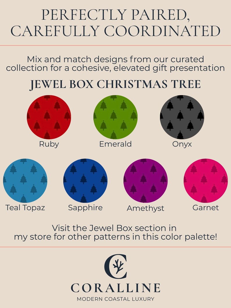 Pu&ograve; includere: Immagine con cerchi colorati con motivi di alberi di Natale, chiamati Ruby, Emerald, Onyx, Teal Topaz, Sapphire, Amethyst e Garnet. &Egrave; presente anche il testo "JEWEL BOX CHRISTMAS TREE".