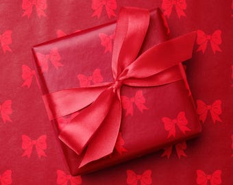 Red Bows Wrapping Paper, Feminine Monochromatic Bow Gift Wrap