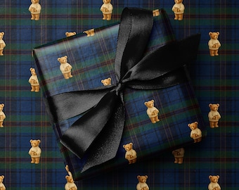 Teddy Bear Wrapping Paper, Blue Green Tartan Plaid, Preppy Christmas Gift Wrap