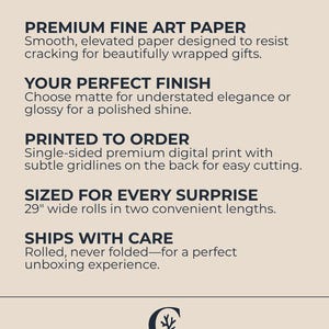 Pu&ograve; includere: Annuncio color crema con il testo "WRAP BEAUTIFULLY". I dettagli includono "PREMIUM FINE ART PAPER", "YOUR PERFECT FINISH", "PRINTED TO ORDER" e "SIZED FOR EVERY SURPRISE" con rotoli larghi 73,66 cm. Il logo Coralline &egrave; in basso.