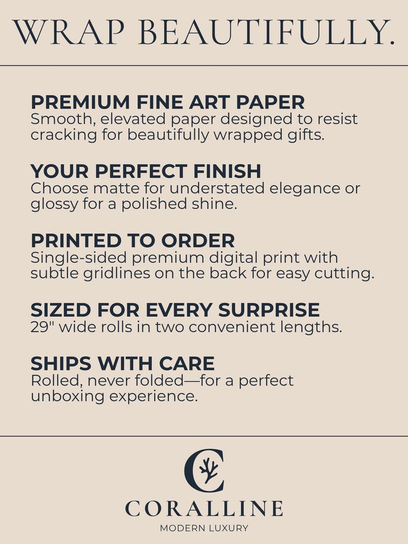 Pu&ograve; includere: Annuncio color crema con il testo "WRAP BEAUTIFULLY". I dettagli includono "PREMIUM FINE ART PAPER", "YOUR PERFECT FINISH", "PRINTED TO ORDER" e "SIZED FOR EVERY SURPRISE" con rotoli larghi 73,66 cm. Il logo Coralline &egrave; in basso.
