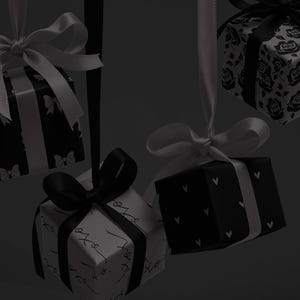 May include: Several gift boxes with black and white patterns and ribbons are suspended in the air. The boxes feature designs such as roses, bows, hearts, and handwritten text. The ribbons are black and white, creating a monochromatic aesthetic.