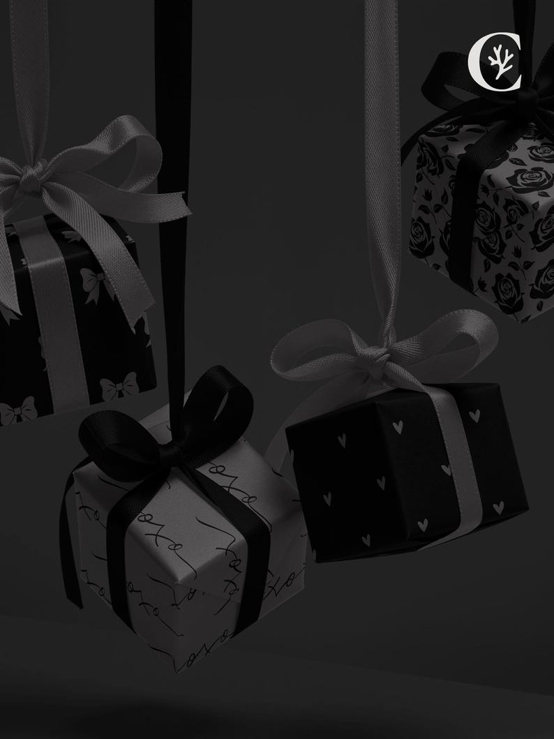May include: Several gift boxes with black and white patterns and ribbons are suspended in the air. The boxes feature designs such as roses, bows, hearts, and handwritten text. The ribbons are black and white, creating a monochromatic aesthetic.