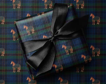 Equestrian Wrapping Paper, Blue Green Tartan Plaid Gift Wrap, Heritage Horse Paper Roll